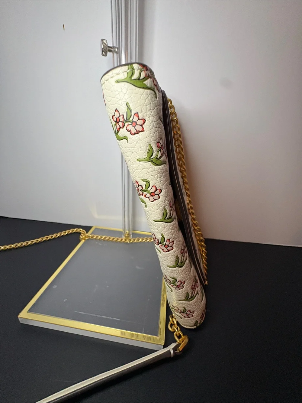 Tory Burch Cream Floral Leather Crossbody with Pink and Green Print & Gold Chain